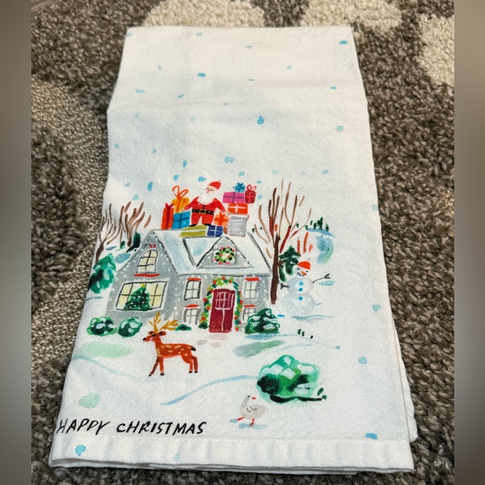NWOT World Market Christmas Tea Towel Winter Scene Santa 20x28.